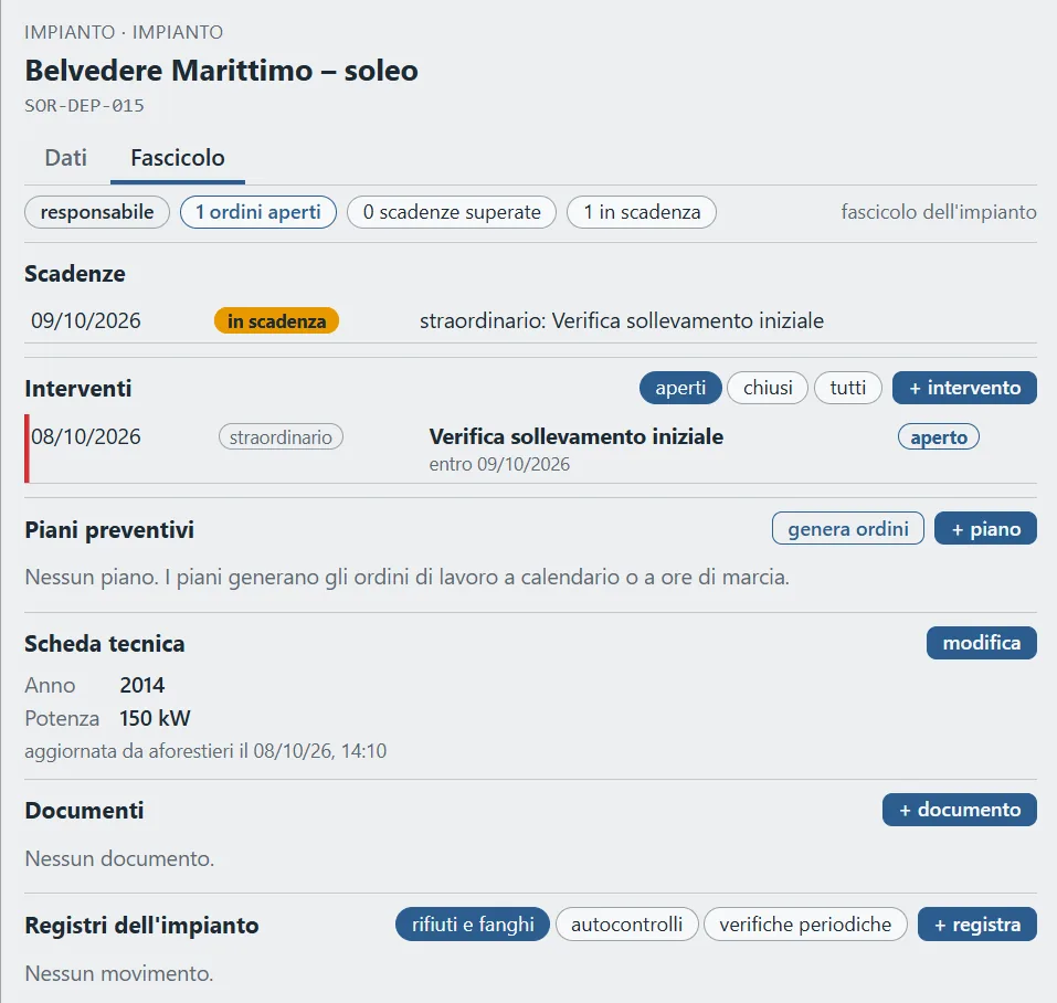 Fascicolo dell'impianto con scadenze, interventi, piani preventivi, scheda tecnica e registri.