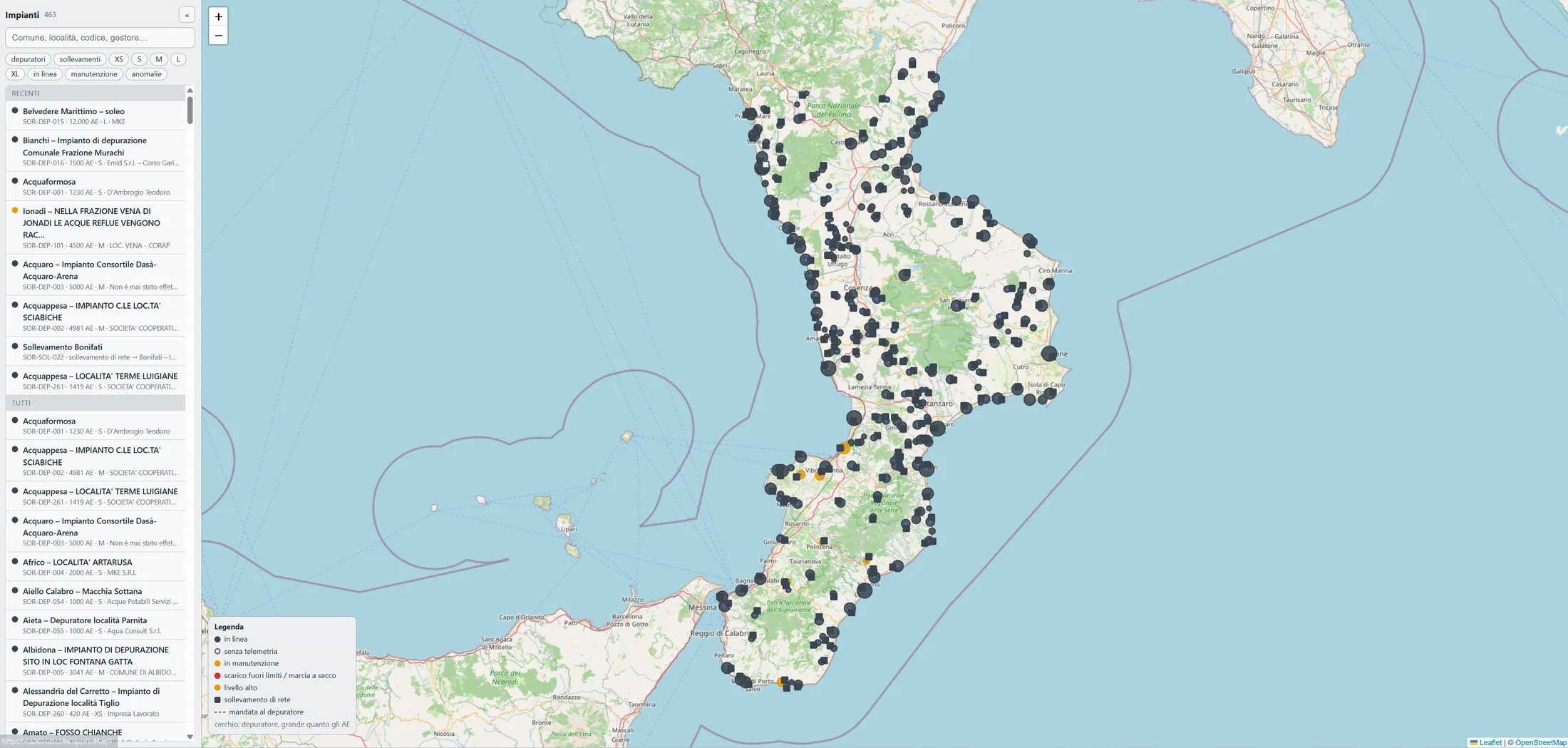 Mappa del territorio con gli impianti georeferenziati, filtri ed elenco degli impianti.