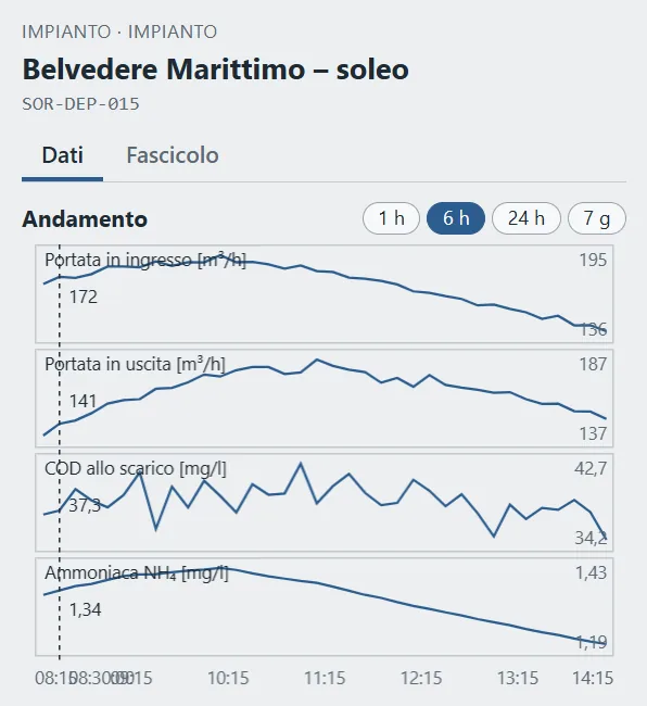 Andamento di portate, COD e ammoniaca su intervallo di sei ore.